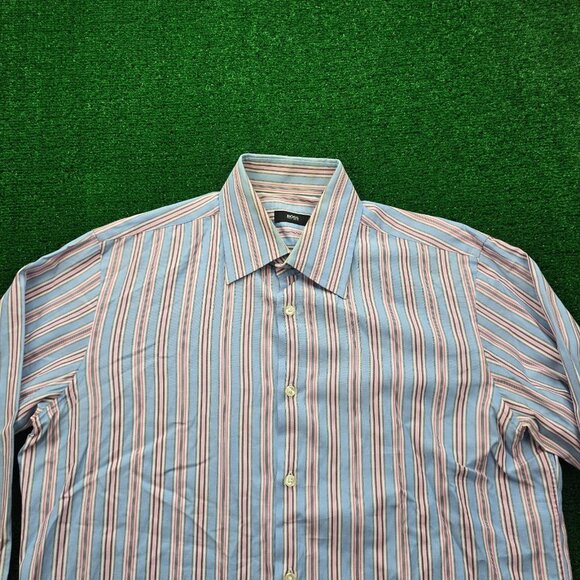 Hugo Boss Shirt Mens 16.5 32-33 Blue Striped Button Up Preppy Casual - Picture 2 of 11